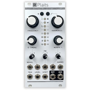 May include: A white synthesizer module with black knobs and buttons. The module is labeled "Plaits" and has controls for frequency, harmonics, timbre, morph, model, and harmo. It also has jacks for trig, level, v/oct, out, and aux.