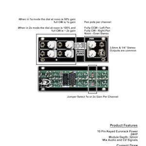 May include: A black 1U Eurorack stereo output mixer module with two knobs per channel, a pan knob, and a 3.5mm and 1/4" stereo output jack. The module has a black and white label that says "Stereo Output Mixer".