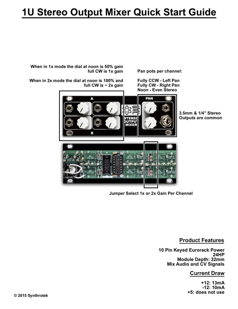May include: A black 1U Eurorack stereo output mixer module with two knobs per channel, a pan knob, and a 3.5mm and 1/4" stereo output jack. The module has a black and white label that says "Stereo Output Mixer".