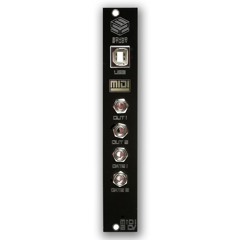 Puede incluir: M&oacute;dulo convertidor de MIDI a CV negro con un puerto USB, conectores MIDI de entrada y salida, dos salidas CV y dos salidas de puerta. El m&oacute;dulo est&aacute; etiquetado como "MIDI to CV" y tiene el logotipo de Sound Study.