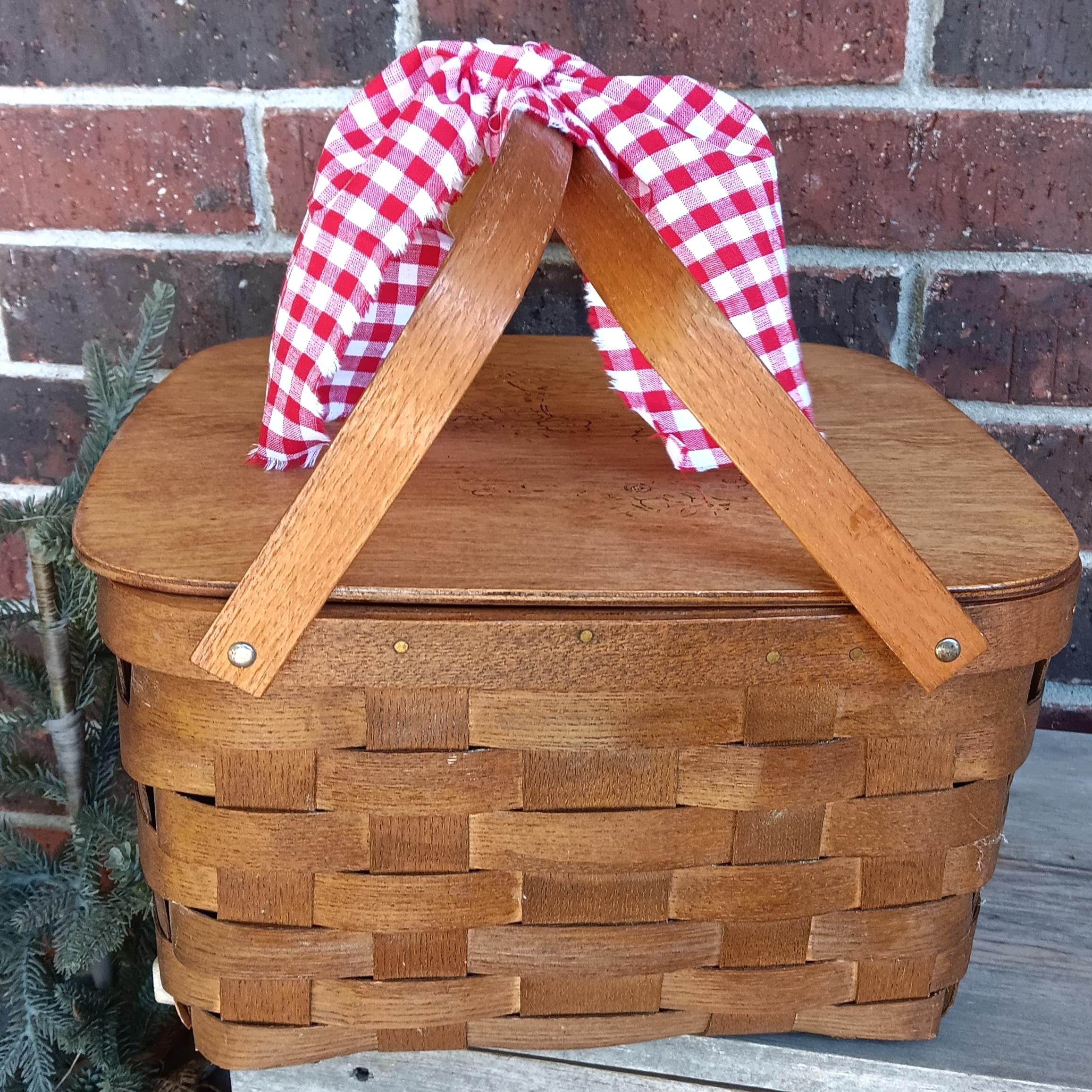 Vintage Woven Basket Hinged Lid Handles Wood Picnic Tote