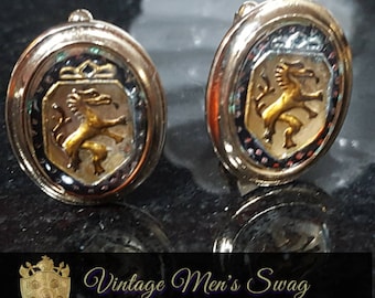 Vintage cufflinks rampant lion heraldry on shield, offered by Vintage Men's Swag Tv-2
