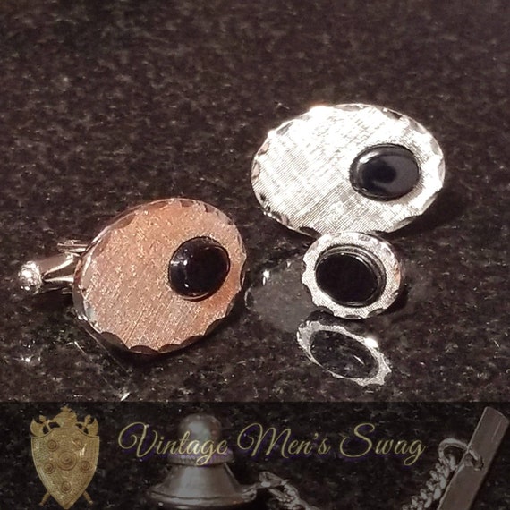 Jml Sterling Silver and onyx vintage cufflinks ti… - image 1