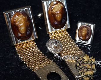 Boutons De Manchette Vintage Hickok Années 70 - Or Et Camée - Modèle Enveloppant