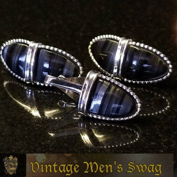 Vintage mid-century black banded agate cufflinks … - image 1