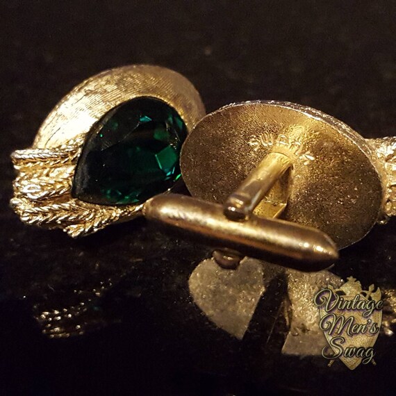 Vintage cufflinks Swank green crystal tear shaped… - image 4