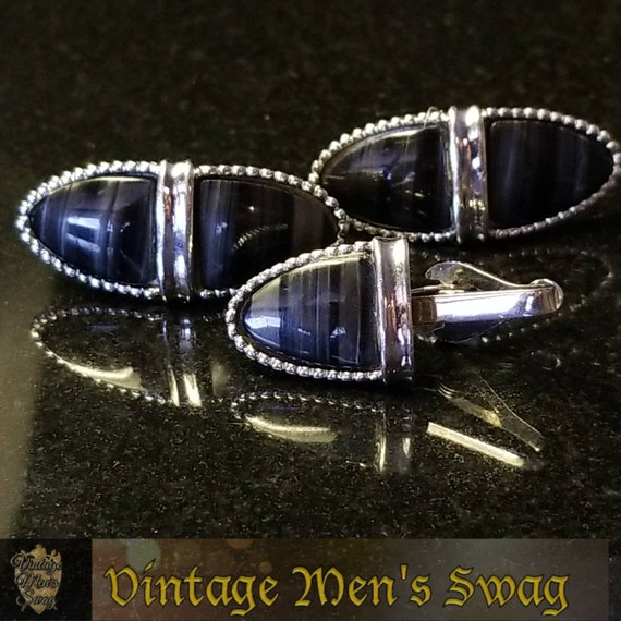 Vintage mid-century black banded agate cufflinks … - image 3