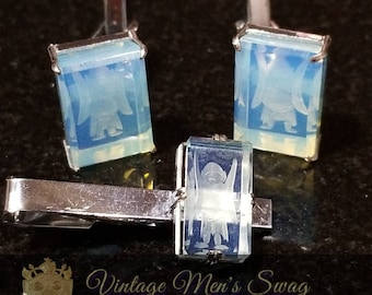 So refined! Sterling Silver Vintage Cufflinks tie clip, reverse carved blue crystal Buddha, offered by Vintage Men's Swag Acj-1