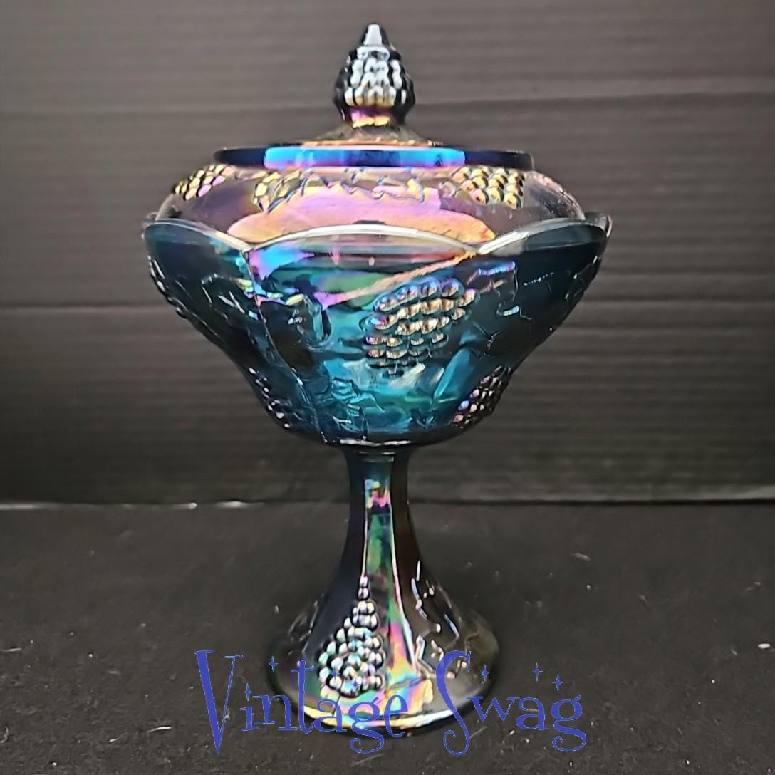 Beautiful Indiana Glass Harvest Panel Grape Blue Carnival Compote