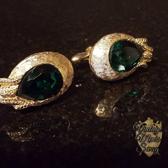 Vintage cufflinks Swank green crystal tear shaped… - image 1