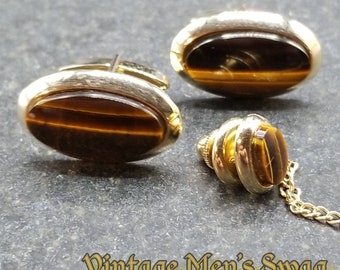 Vintage cufflinks tie tack tiger eye offered by Vintage Swag ail-2