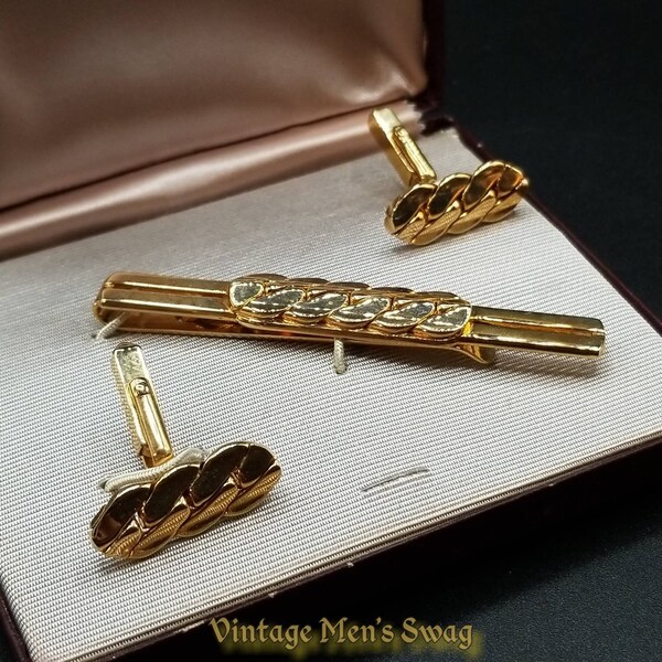 Vintage cufflinks tie bar clip by Swank chain design offered by Vintage Men’s Swag (ber-1)