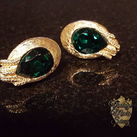 Vintage cufflinks Swank green crystal tear shaped… - image 3