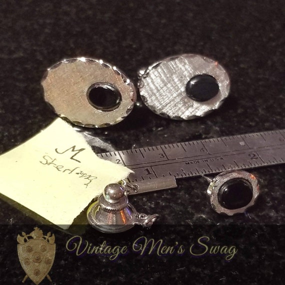 Jml Sterling Silver and onyx vintage cufflinks ti… - image 5