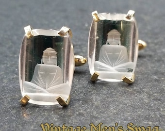 Oriental elegance for the wrist! Vintage cufflinks reverse-carved Buddha crystal by Swank offered by Vintage Men's Swag agv-1