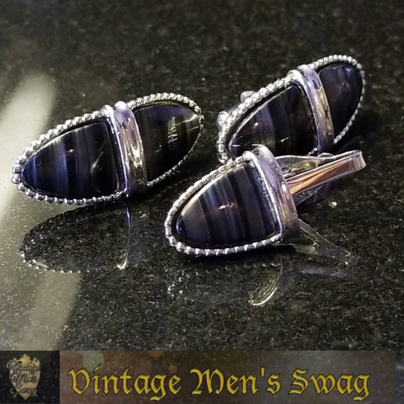 Vintage mid-century black banded agate cufflinks … - image 5