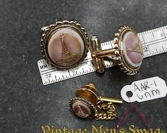 Beautiful hand carved cameo vintage cufflinks tie tack Eiffel Tower Paris offered by Vintage Men&#39;s Swag Aar-1