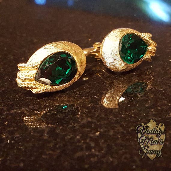 Vintage cufflinks Swank green crystal tear shaped… - image 2