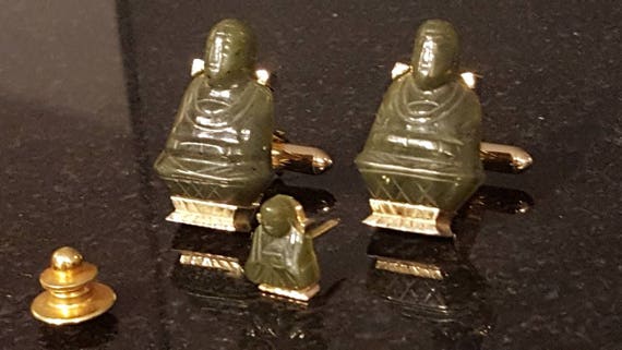 Vintage cufflinks tie tack oriental Jade Buddha c… - image 2