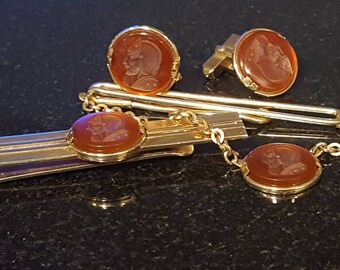 Set vintage cufflinks, tiebar, and tie chain carnelian intagilo swank wedding or formal offered by Vintage Men&#39;s Swag  lot cccc