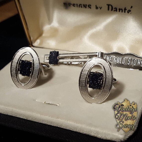 Boutons De Manchette Et Barrette De Cravate Dante Avec Pierres Bleues - Occasion, Style élégant