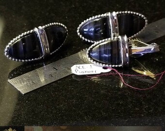 Vintage Mid-century Black Banded Agate Cufflinks by Pioneer