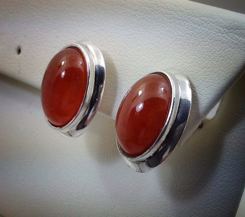 Vintage sterling silver oval cab citrine earrings. image 1