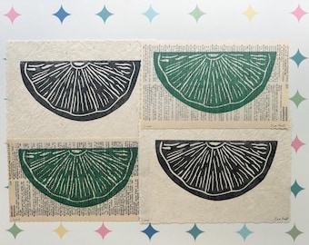 Lime Block Print, Food Wall Art, Kitchen Decor, Original Art (5x7 in)