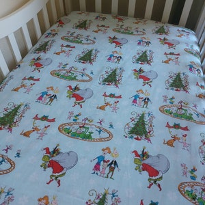 Grinch Crib Bedding / How The Grinch Stole Christmas Toddler Bedding / Dr. Seuss White or Blue Fitted Crib Sheet / Grinch Christmas Bedding