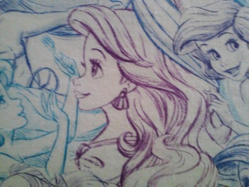 May include: A close-up of a drawing of a woman with long purple hair. The woman is wearing a necklace and has a purple earring. The drawing is done in a light blue and purple color scheme.
