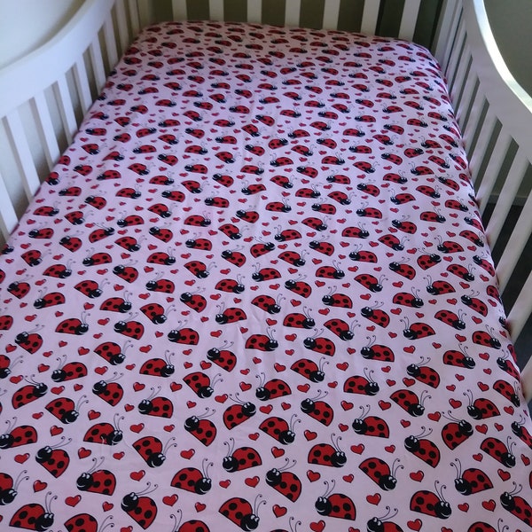 Ladybug Fitted Crib Bedding /Pink Cotton Ladybugs Infant Bedding / Standard Fitted Red and Pink Crib Linen /Toddler Lovebug Fitted Bed Sheet