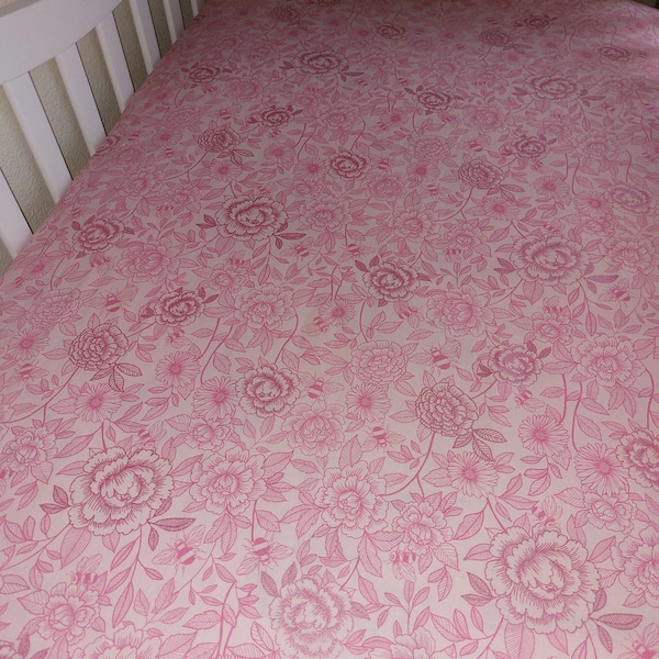 Pink Flower Fitted Crib Bedding / Floral Cotton Infant Bedding/ Pink Toddler Fitted  Linen / Toddler Girl Fitted Bed Sheet