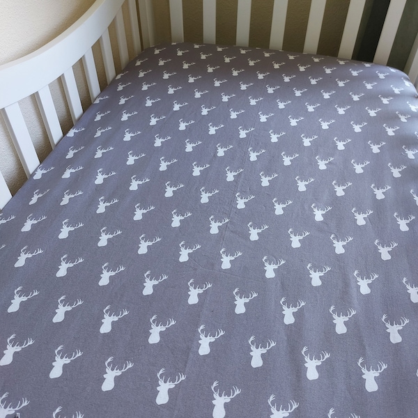 Stag Head Crib Bedding / Deer Crib Sheet / Silver Gray Cotton Crib Sheet / Boys Nursery Fitted Sheet