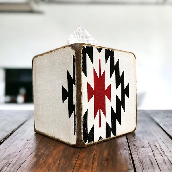 Wooden Aztec Tissue Box Cover, Rustic Southwestern Decor, Tribal Bathroom Tissue Holder, Hand painted, Distressed, Square, Log Cabin Decor,