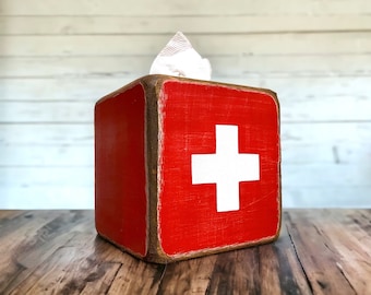 Rustic Ski Wood Tissue Box Cover, Log Cabin decor, Beach Bathroom, First aid Lifeguard Decor