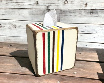 Rustic Striped Wood Tissue Box Cover, Log Cabin Bathroom Decor