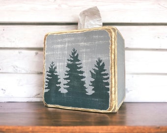 Pine Tree Tissue Box Cover, Rustic Wood Bathroom Decor