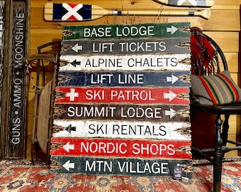 Ski Lodge Signs | Rustic Skiing Decor | Distressed Directional Arrow Trail Signs | Log Cabin Decor | Lift Tickets