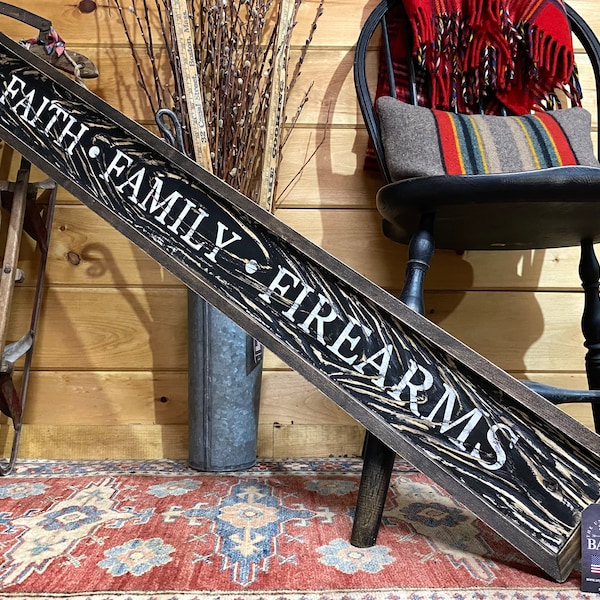 Faith Family Firearms Sign, Wood Patriotic Decor, Gun Sign, Rustic Country Decor, ManCave Sign, 2A Sign, 4ft 48" Wood Grain