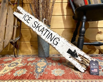 Rustic Ice Skating Wood Sign | Distressed Country Christmas Decor | Log Cabin Wall Art 3ft
