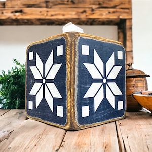 Nordic Star Christmas Tissue Box Cover, Rustic Poinsettia Quilt Pattern Wood Tissue Holder, Log Cabin Bathroom Decor