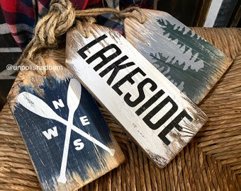 Rustic Lakeside Wood Tags, Lake House Sign, Log Cabin Decor,  Wood Door Tag Set National Park Sign, Distressed
