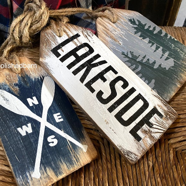 Rustic Lakeside Wood Tags, Lake House Sign, Log Cabin Decor,  Wood Door Tag Set National Park Sign, Distressed