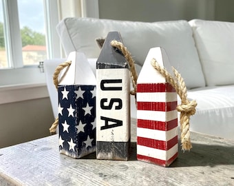 Decoración costera patriótica / Juego de boyas de madera de EE. UU., decoración náutica americana