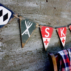 Rustic Ski Sign | Ski Decor | Log Cabin Wood Pennant Banner | Ski Lodge