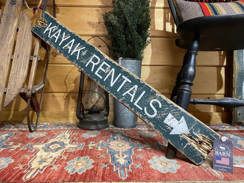 Kayak Rentals wood sign with a rustic distressed finish for lake houses, cabins, coastal cottages, and short term rentals, handcrafted wood wall decor for kayaking enthusiasts, handmade in Maine