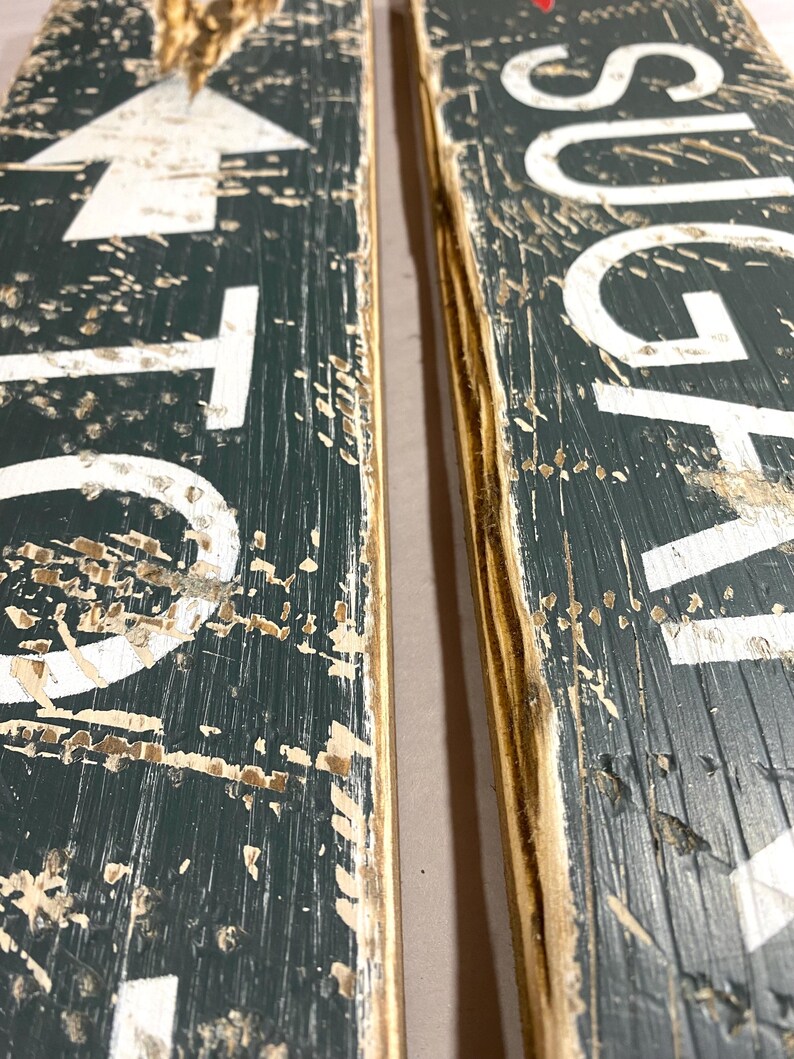 Close-up of the hand-distressed edges on the Cider Mill wood sign, highlighting weathered craftsmanship, natural wood texture, and the authentic vintage character of each handcrafted piece