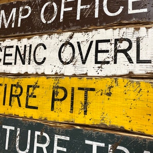 Close-up of distressed wood textures, rustic National Park Sign Set, perfect for cabin wall art, lodge décor, lake houses, and short term rentals, ideal for hikers and campers, Yellowstone, Yosemite, Teton inspired