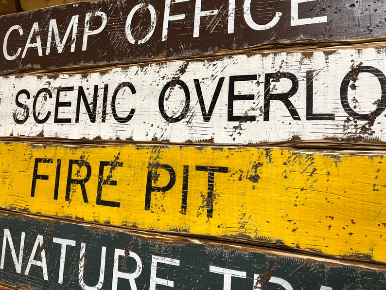 Close-up of distressed wood textures, rustic National Park Sign Set, perfect for cabin wall art, lodge décor, lake houses, and short term rentals, ideal for hikers and campers, Yellowstone, Yosemite, Teton inspired