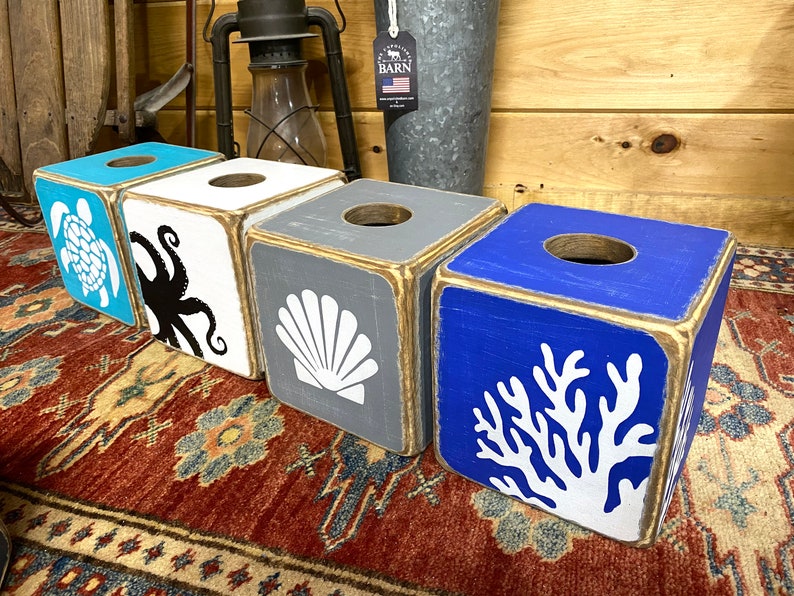 Close-up of Coastal Sea Turtle Tissue Box Cover showing hand-painted sea turtle, rustic wood grain, and lightly distressed finish. Perfect for beach house, coastal bathroom, or cabin décor. Handmade in Maine with nautical charm and weathered coastal style.